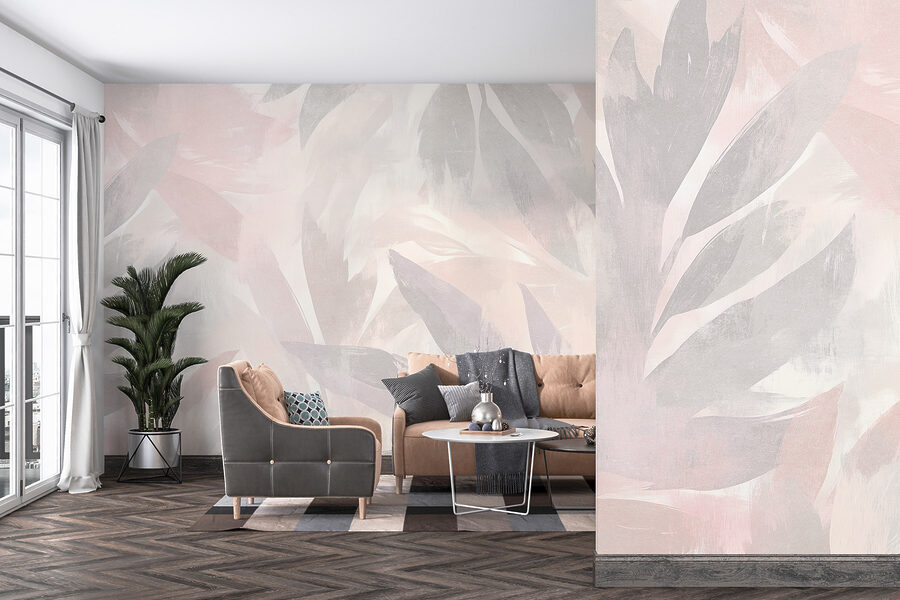 Fundo branco e cor-de-rosa com folhas