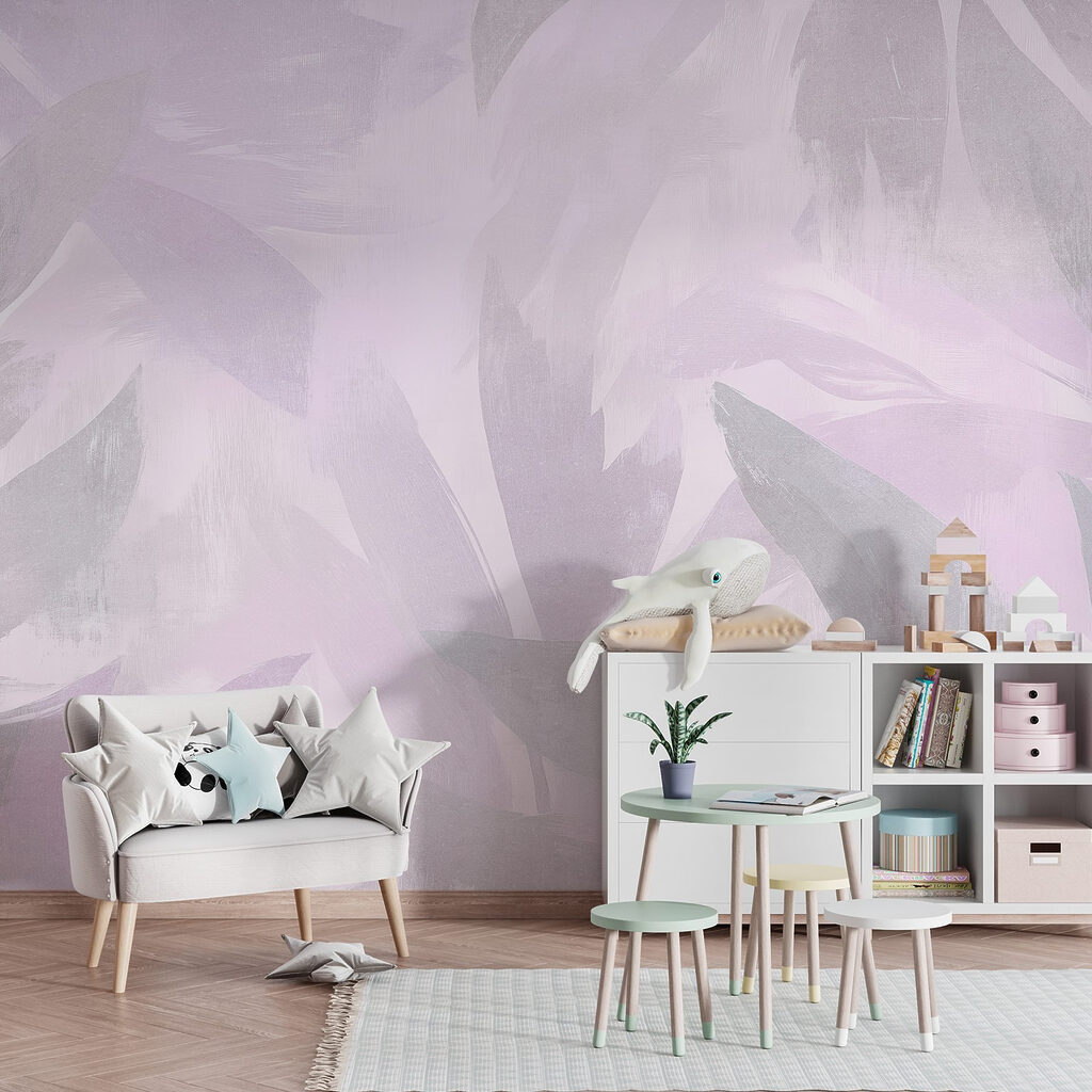 White and purple background with leaves