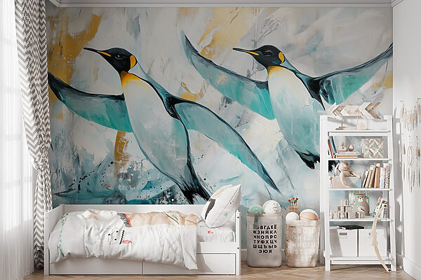 Pintura de pinguins a voar Pintura de pinguins a voar
