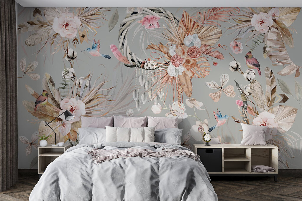 Wallpaper with flowers and feathers Wallpaper with flowers and feathers