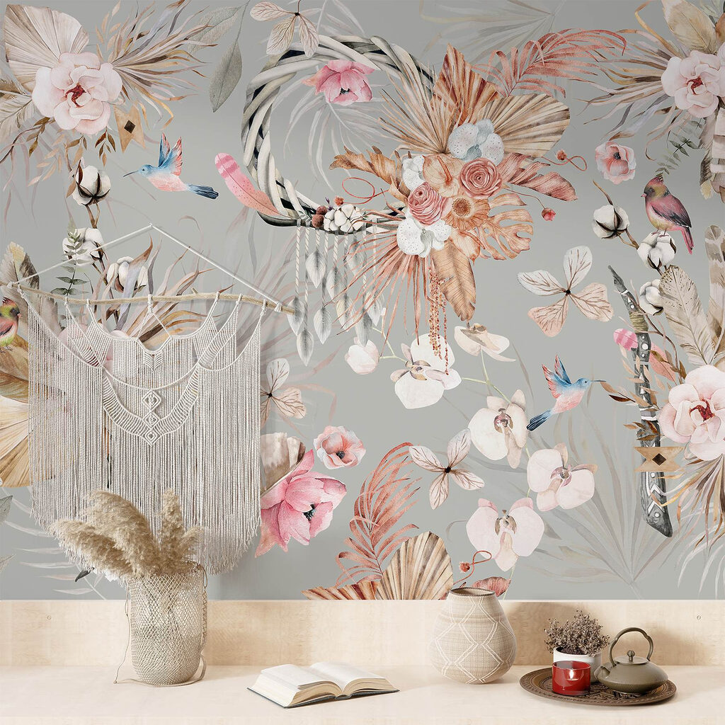 Wallpaper with flowers and feathers Wallpaper with flowers and feathers
