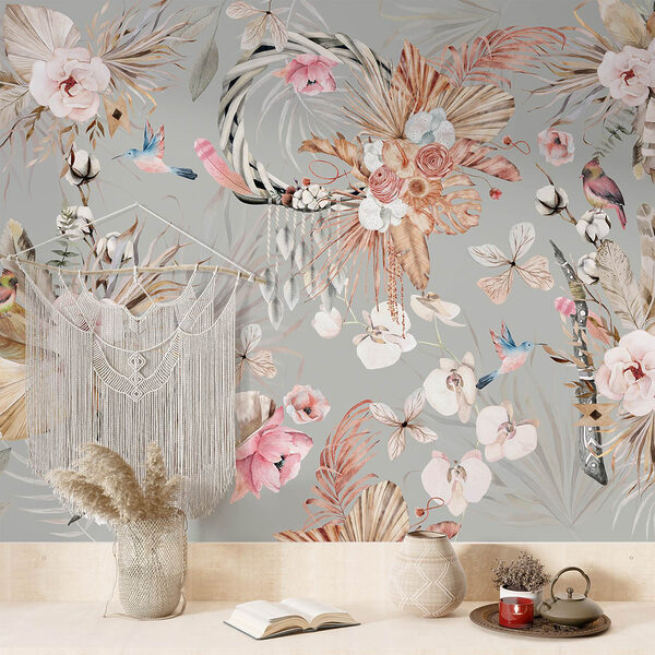 Papel de parede com flores e penas Papel de parede com flores e penas