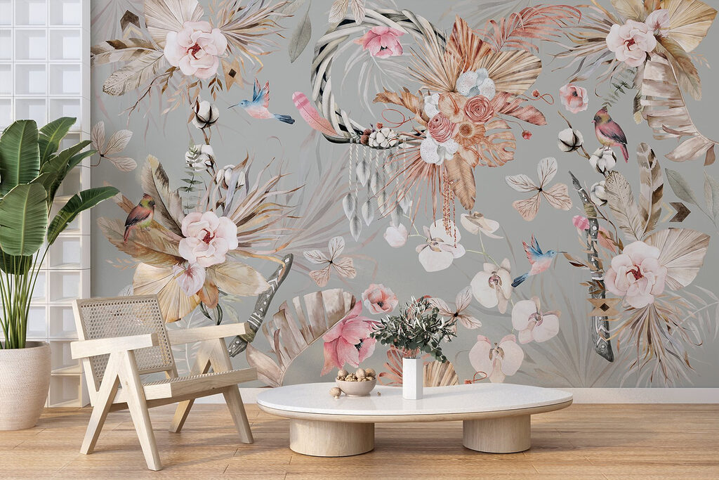Wallpaper with flowers and feathers Wallpaper with flowers and feathers
