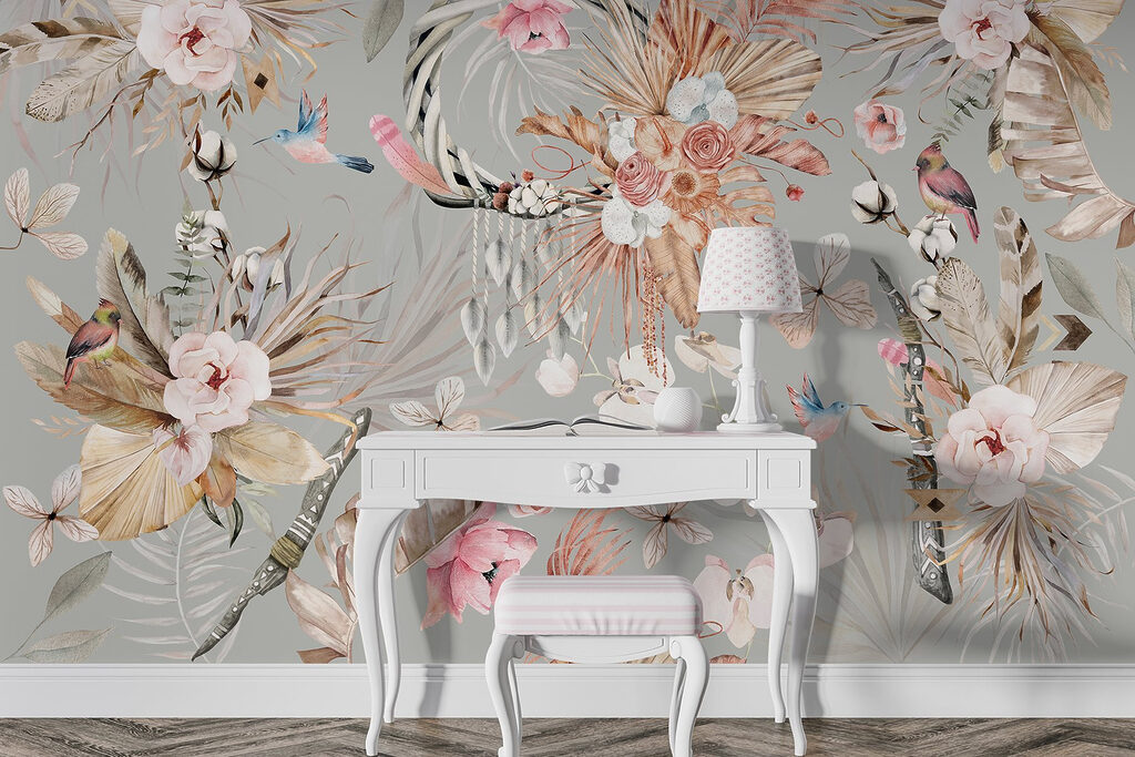 Wallpaper with flowers and feathers Wallpaper with flowers and feathers