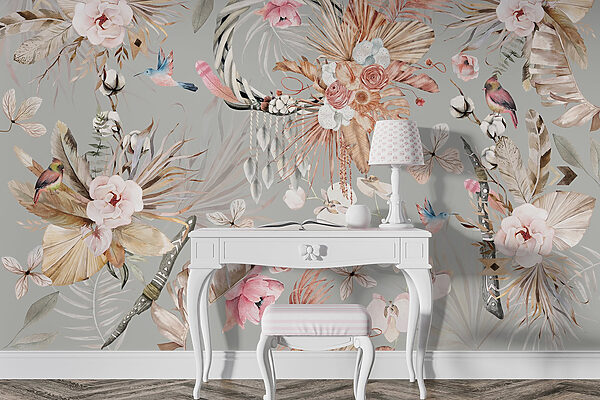 Papel de parede com flores e penas Papel de parede com flores e penas
