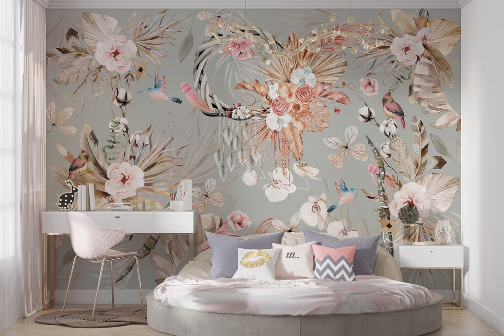 Wallpaper with flowers and feathers Wallpaper with flowers and feathers