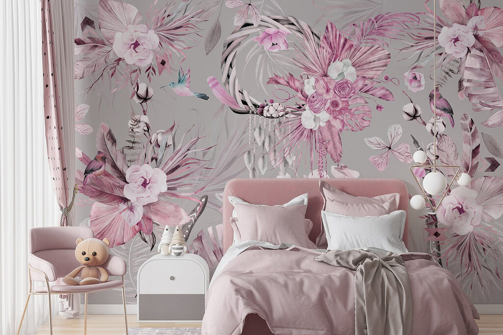Wallpaper with flowers and feathers