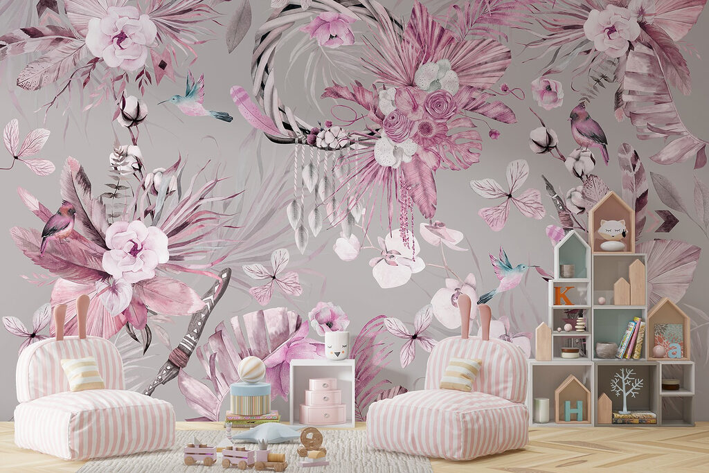 Wallpaper with flowers and feathers