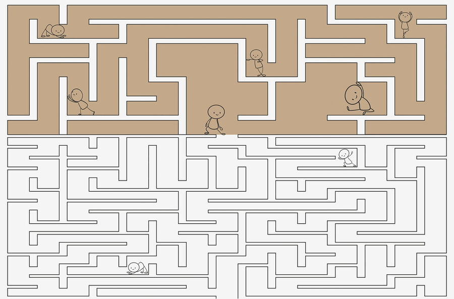 Jogo de labirinto com pessoas a andar na parede