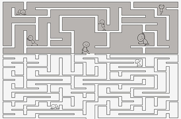 Jogo de labirinto com pessoas de desenhos animados a andar no chão Jogo de labirinto com pessoas de desenhos animados a andar no chão