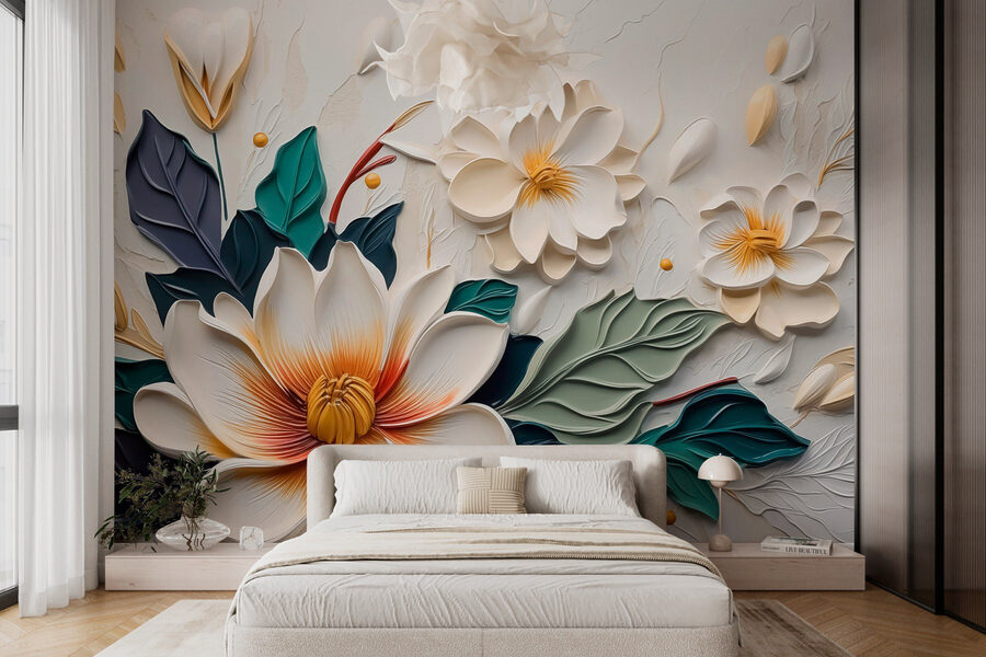 Flor branca e amarela com folhas