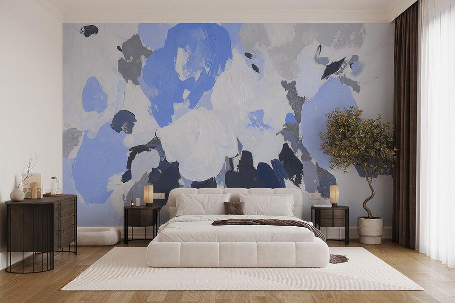 Pintura de flores em azul e cinzento
