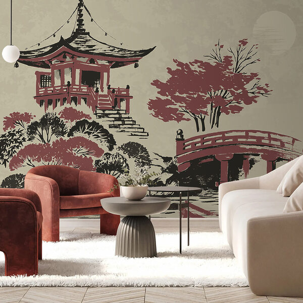 Uma pintura de um pagode e uma ponte Uma pintura de um pagode e uma ponte