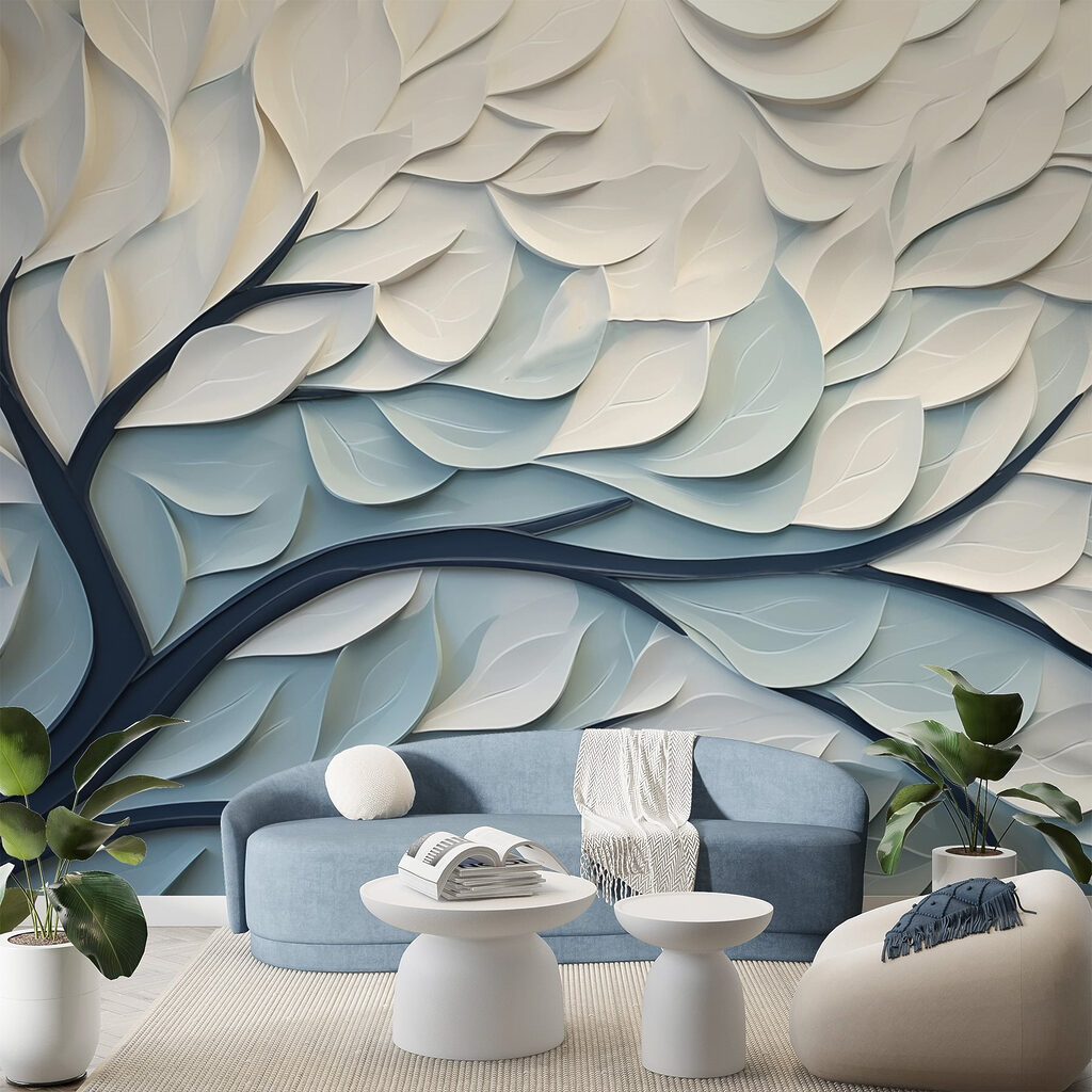 White and blue tree with leaves White and blue tree with leaves