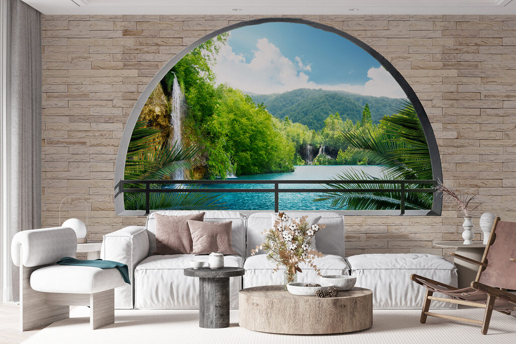 Window with a waterfall and trees Window with a waterfall and trees