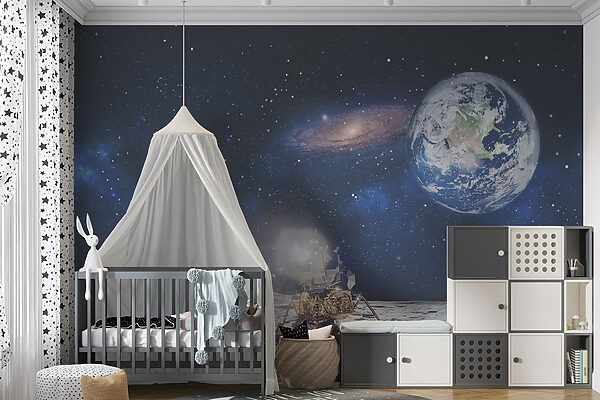 Lua com um planeta e estrelas e um planeta em fundo Lua com um planeta e estrelas e um planeta em fundo