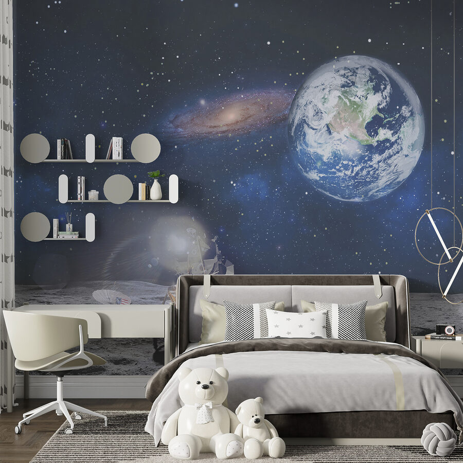 Lua com um planeta e estrelas e um planeta em fundo