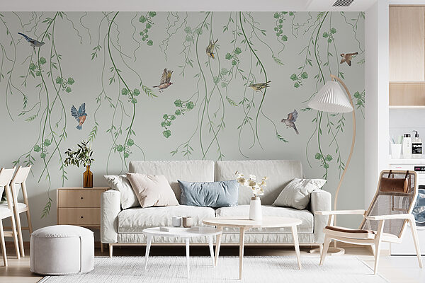 Papel de parede com pássaros e trepadeiras Papel de parede com pássaros e trepadeiras