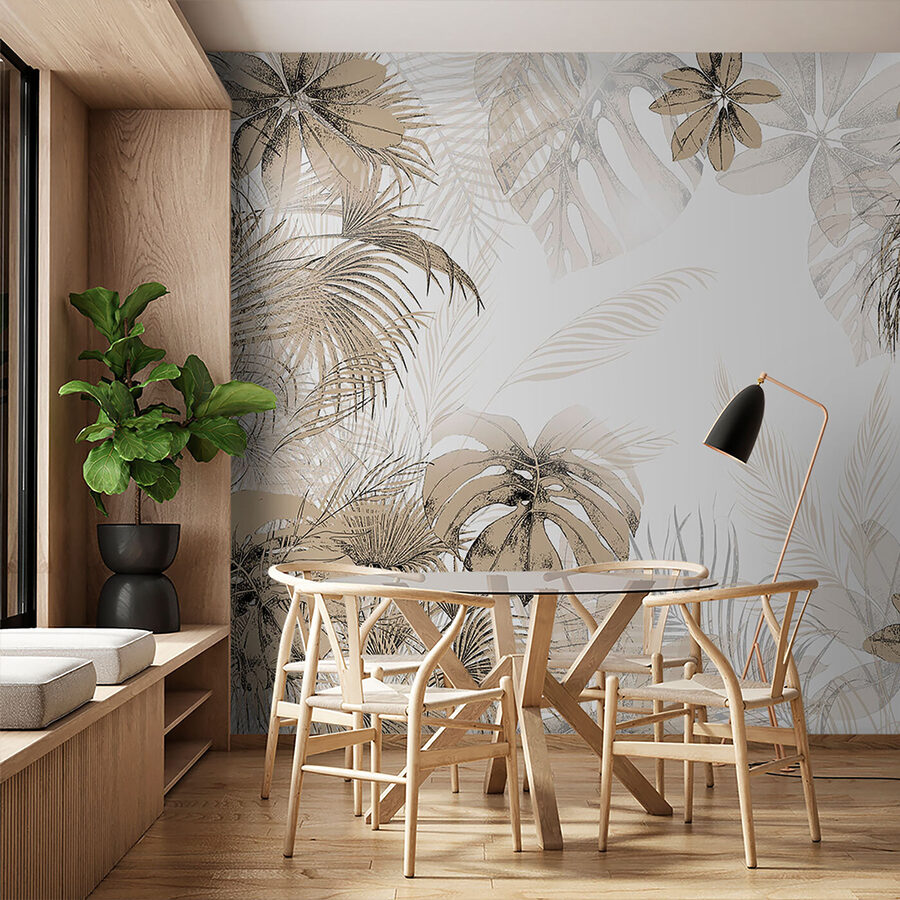 Folhas tropicais em tons neutros suaves.
