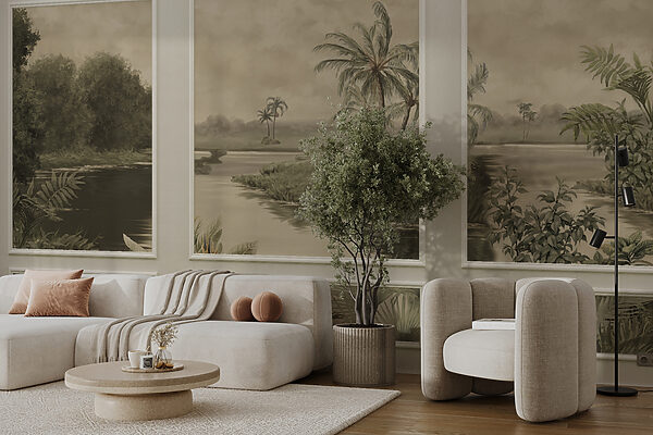 Uma parede com uma pintura de árvores e um rio Uma parede com uma pintura de árvores e um rio