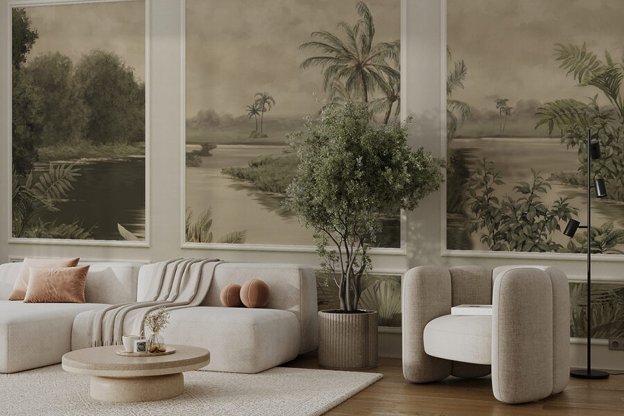 Uma parede com uma pintura de árvores e um rio Uma parede com uma pintura de árvores e um rio