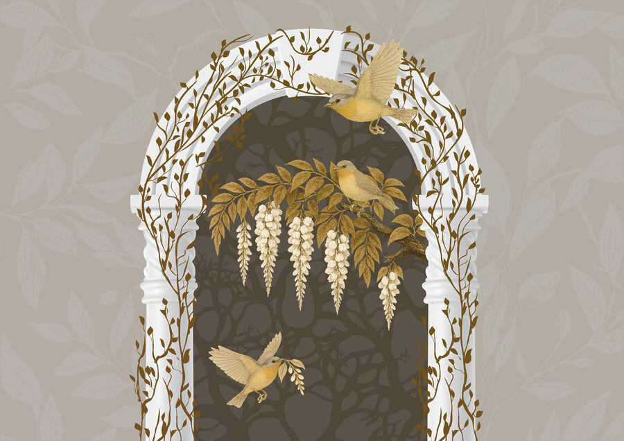 Arco branco com pássaros a voar sobre ele Arco branco com pássaros a voar sobre ele