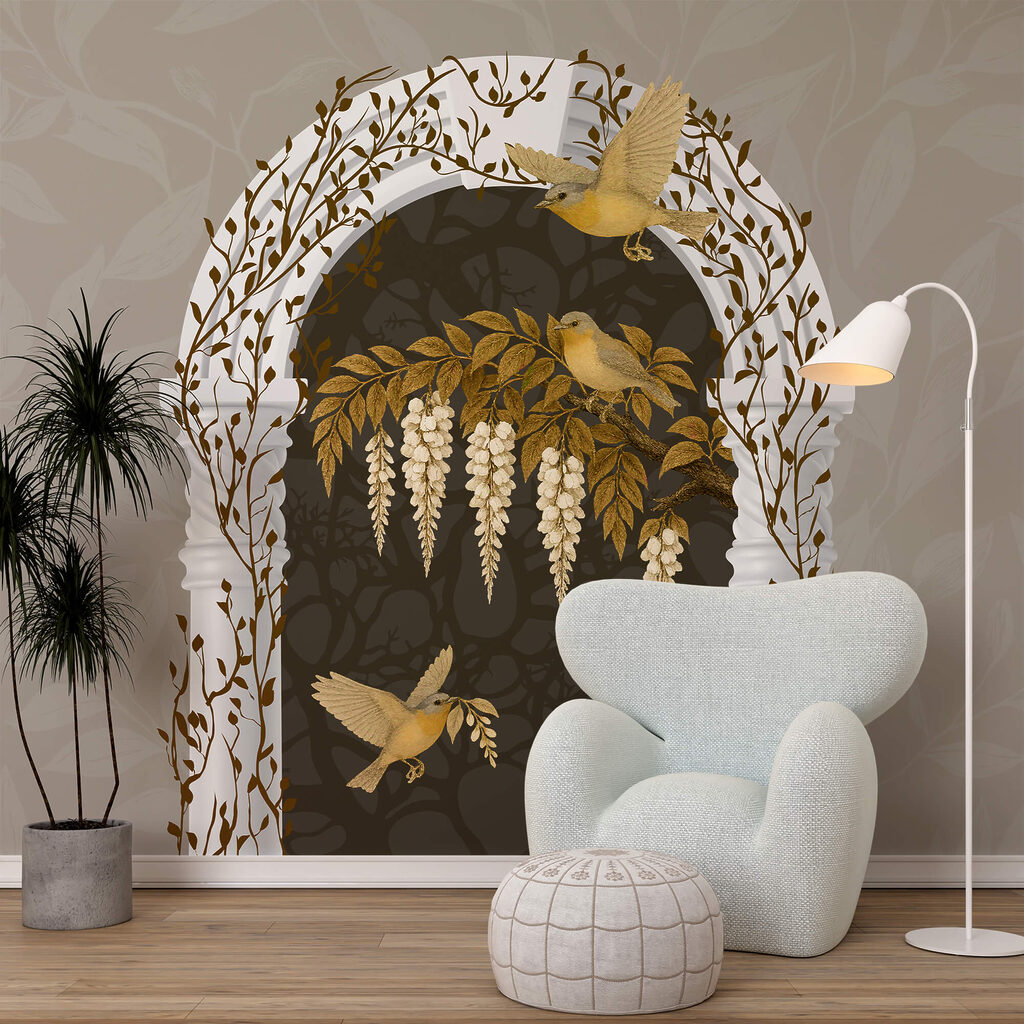 Arco branco com pássaros a voar sobre ele Arco branco com pássaros a voar sobre ele