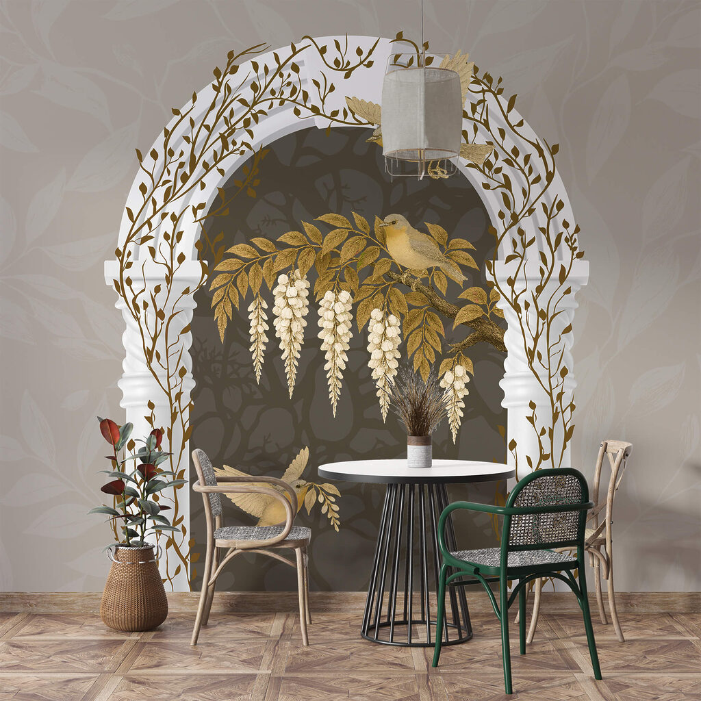 Arco branco com pássaros a voar sobre ele Arco branco com pássaros a voar sobre ele