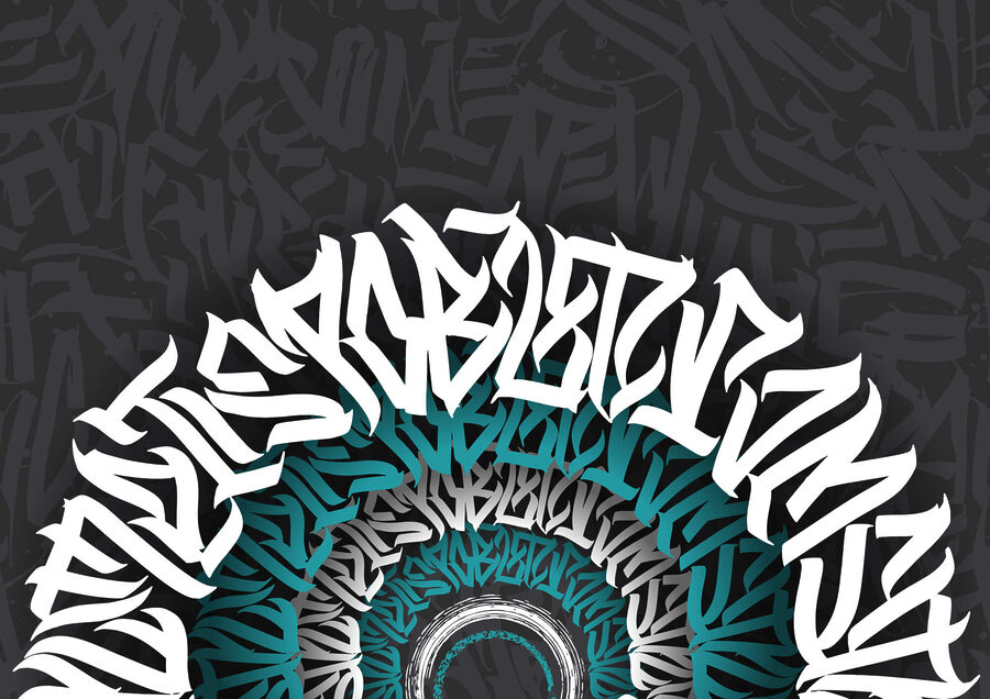 Graffiti branco e azul sobre um fundo preto