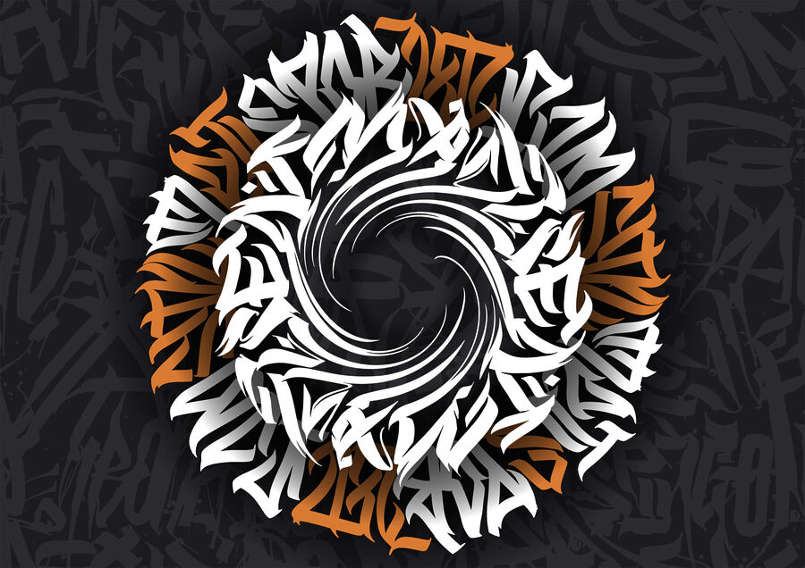 Padrão circular com letras brancas e cor de laranja