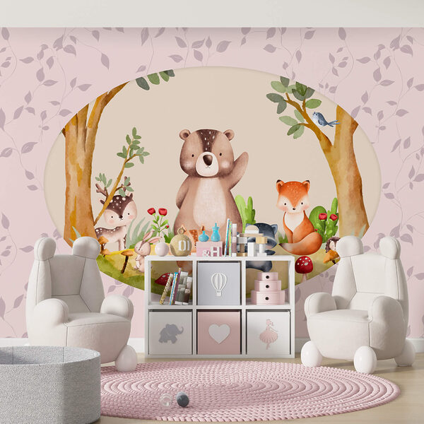 Desenho animado de animais numa floresta