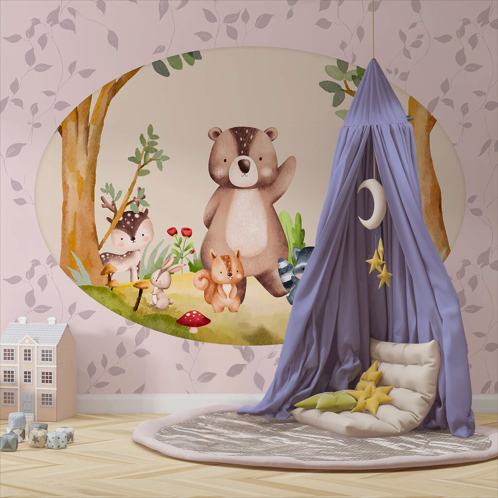 Desenho animado de animais numa floresta