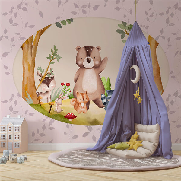 Desenho animado de animais numa floresta