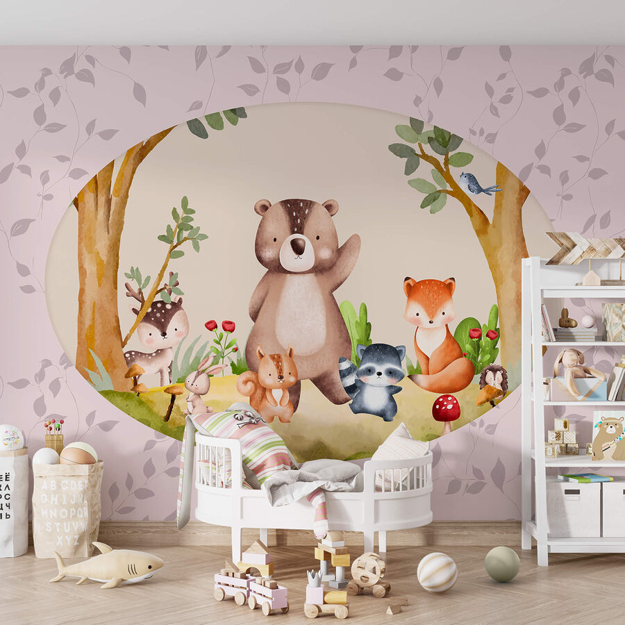 Papel de parede Desenho animado de animais numa floresta
