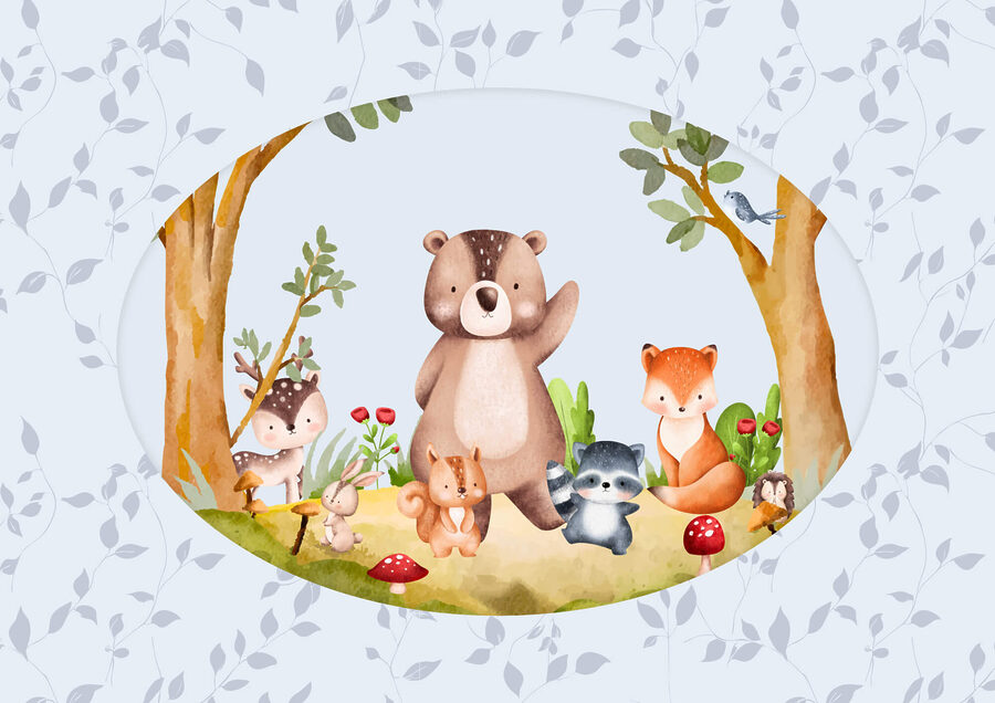 Desenho animado de animais numa floresta