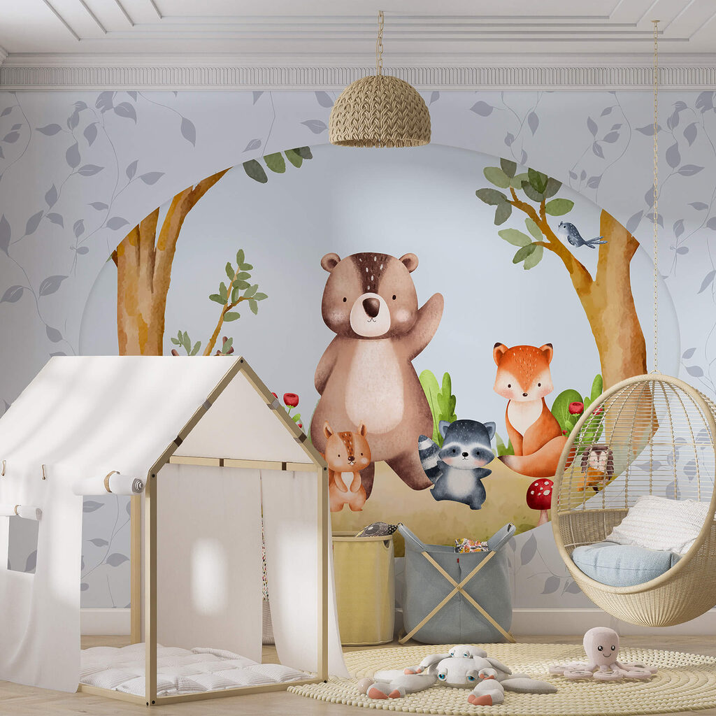 Desenho animado de animais numa floresta