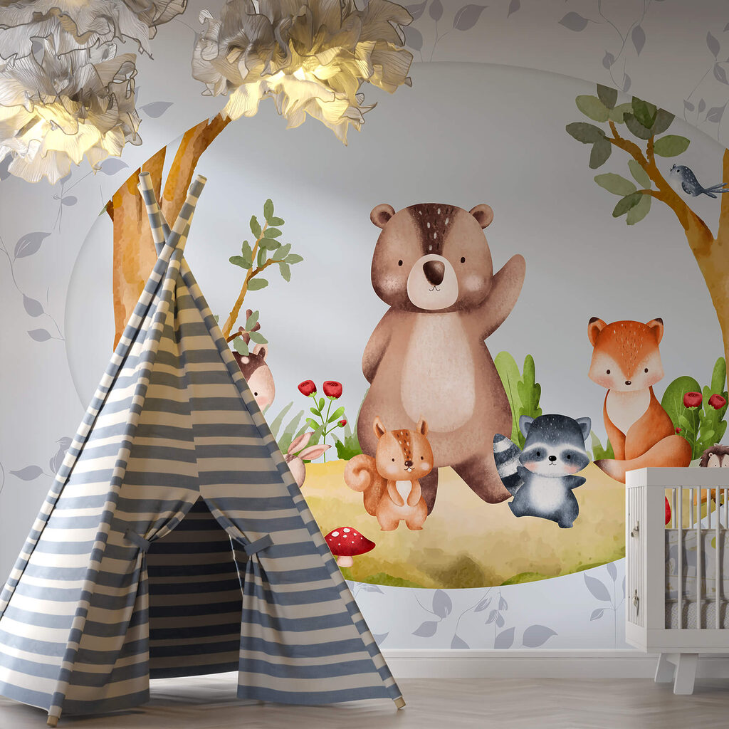 Desenho animado de animais numa floresta