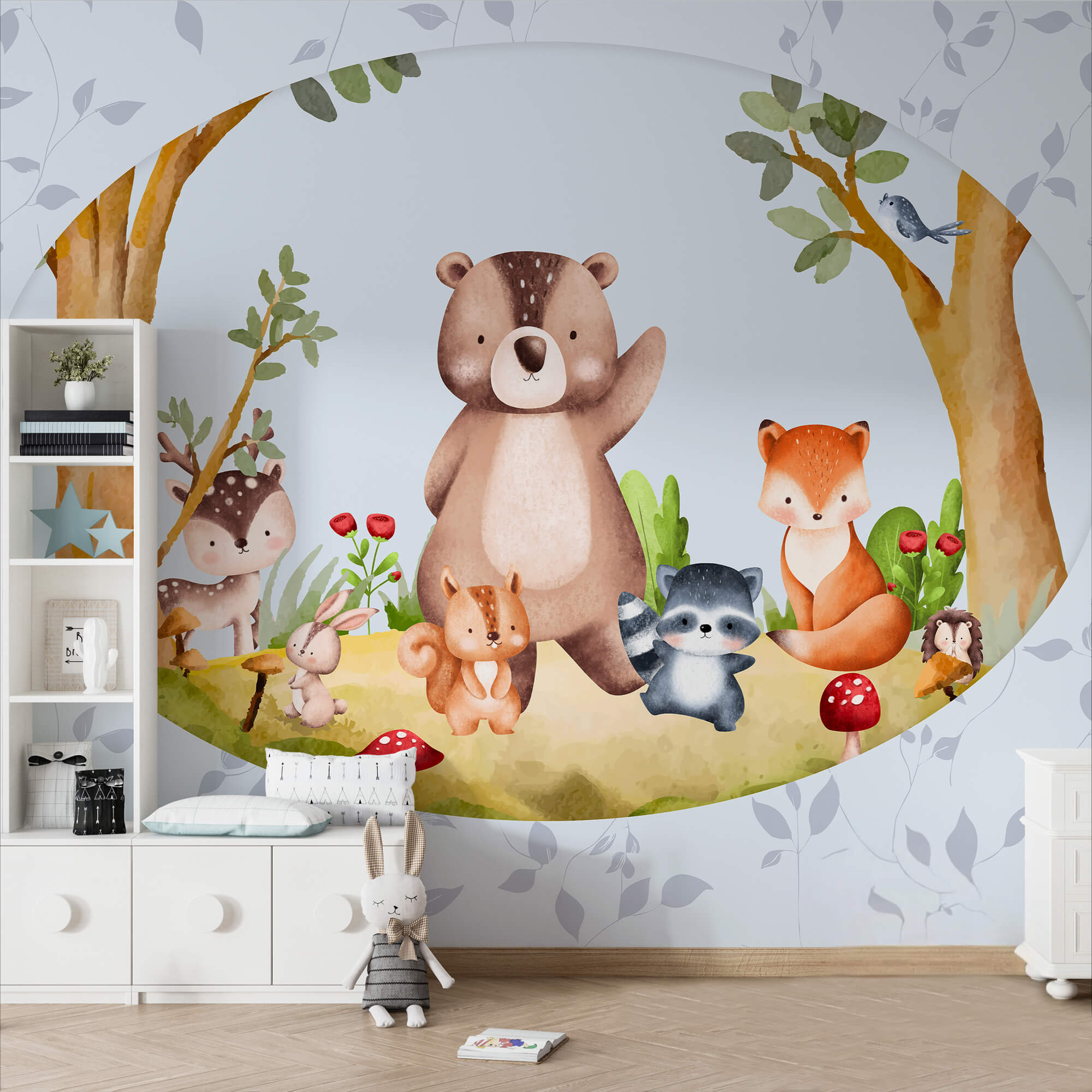 Desenho animado de animais numa floresta