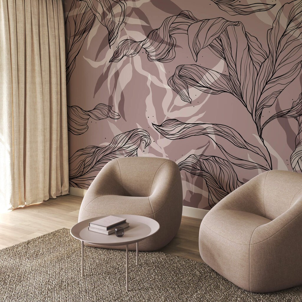 Desenho de folhas sobre um fundo cor-de-rosa