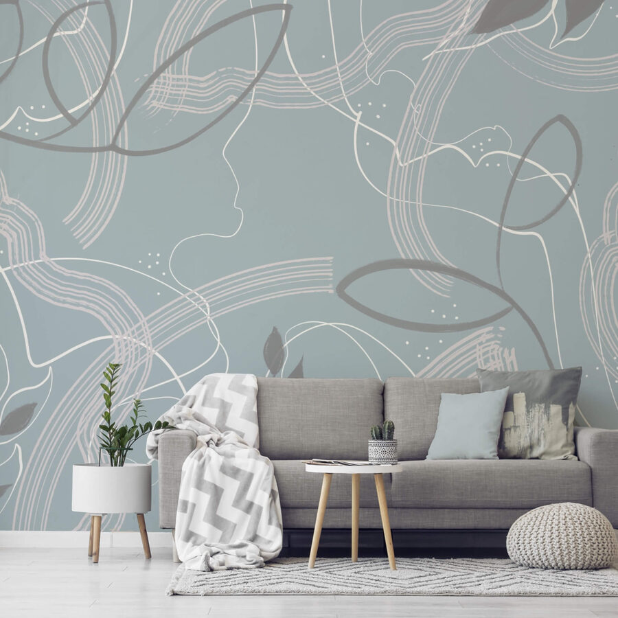 Fundo azul e branco com folhas e linhas