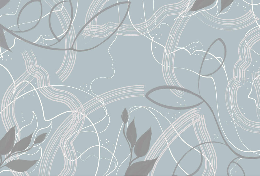Fundo azul e branco com folhas e linhas