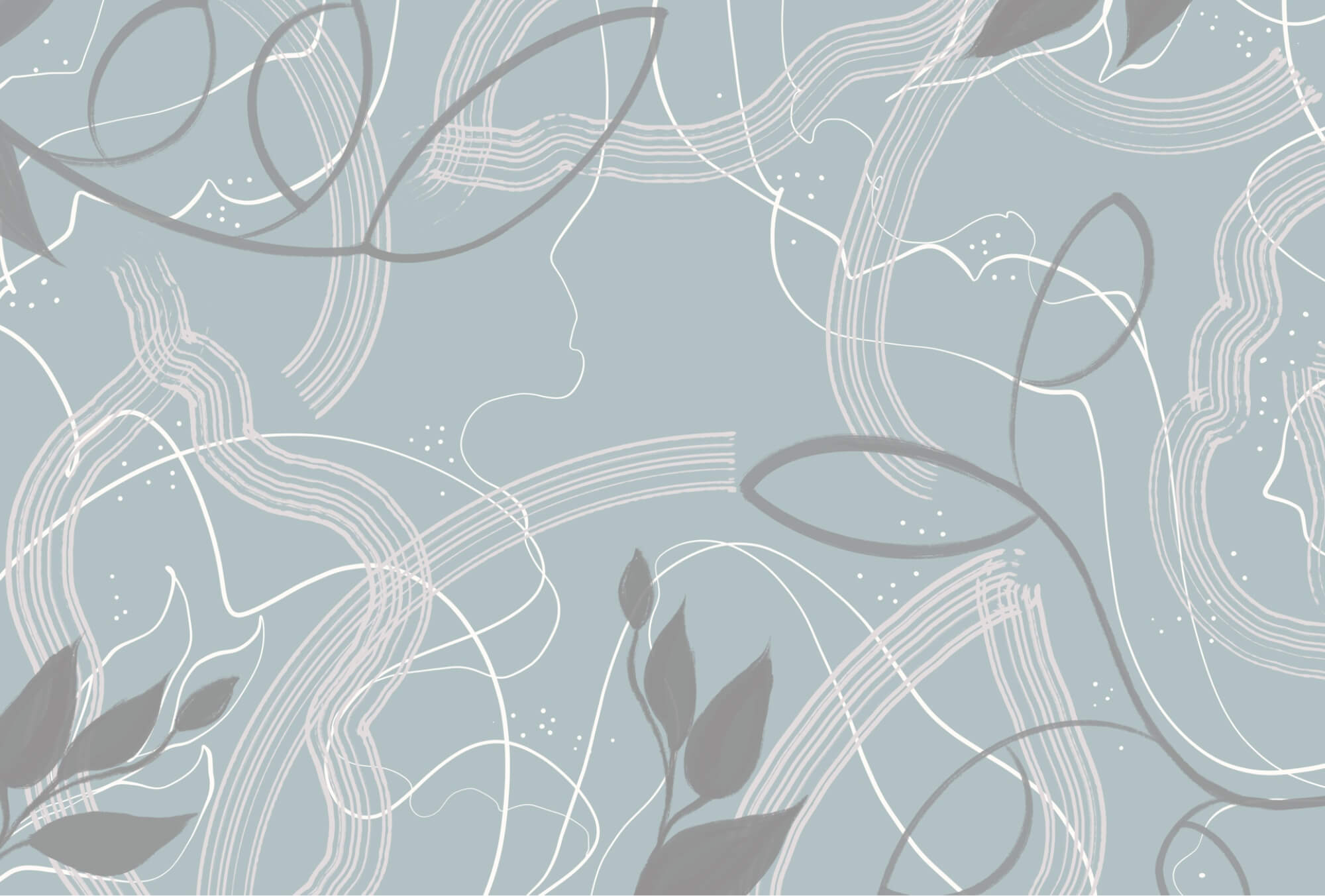 Blue and white background with leaves and lines Blue and white background with leaves and lines