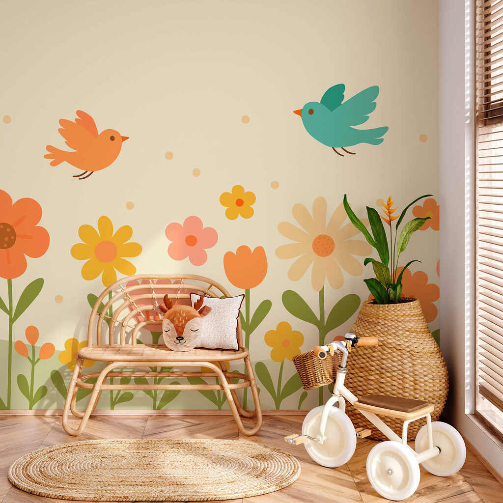 Pássaros a voar sobre flores