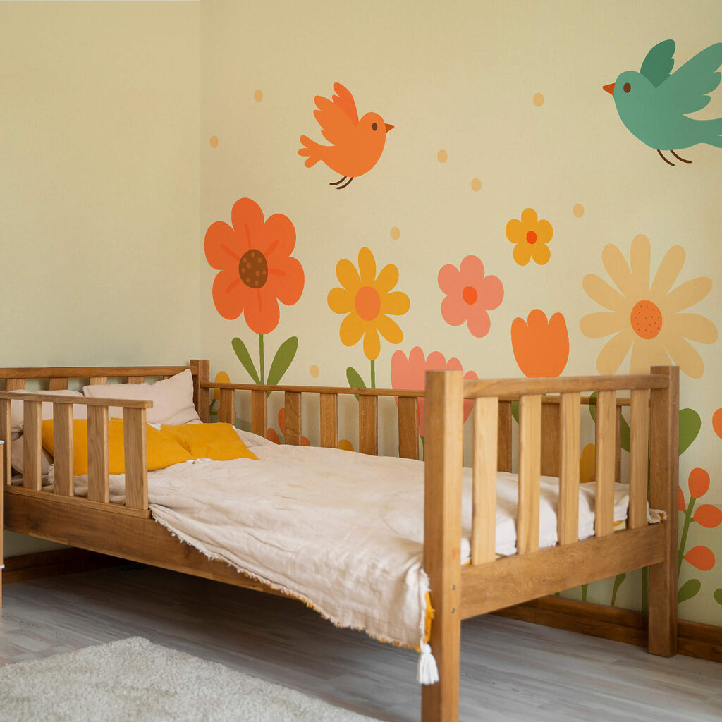 Pássaros a voar sobre flores