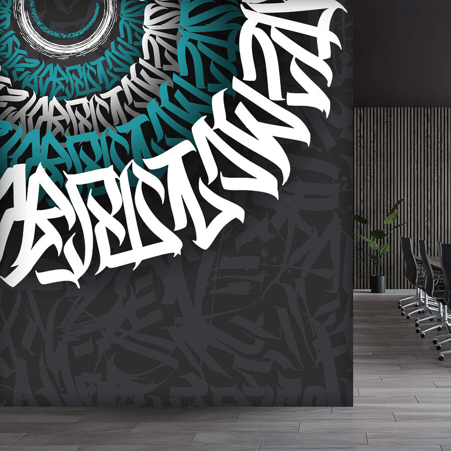 Graffiti branco e azul sobre um fundo preto