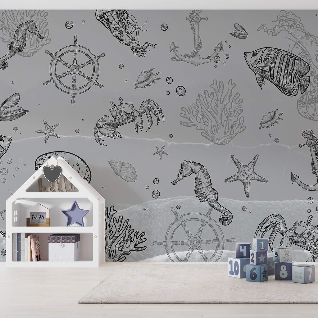 Fundo cinzento com criaturas marinhas