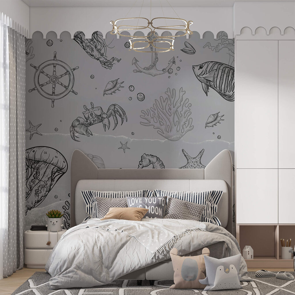 Fundo cinzento com criaturas marinhas