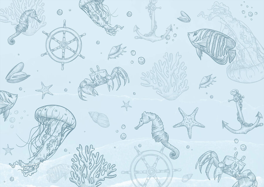 Fundo azul com criaturas marinhas