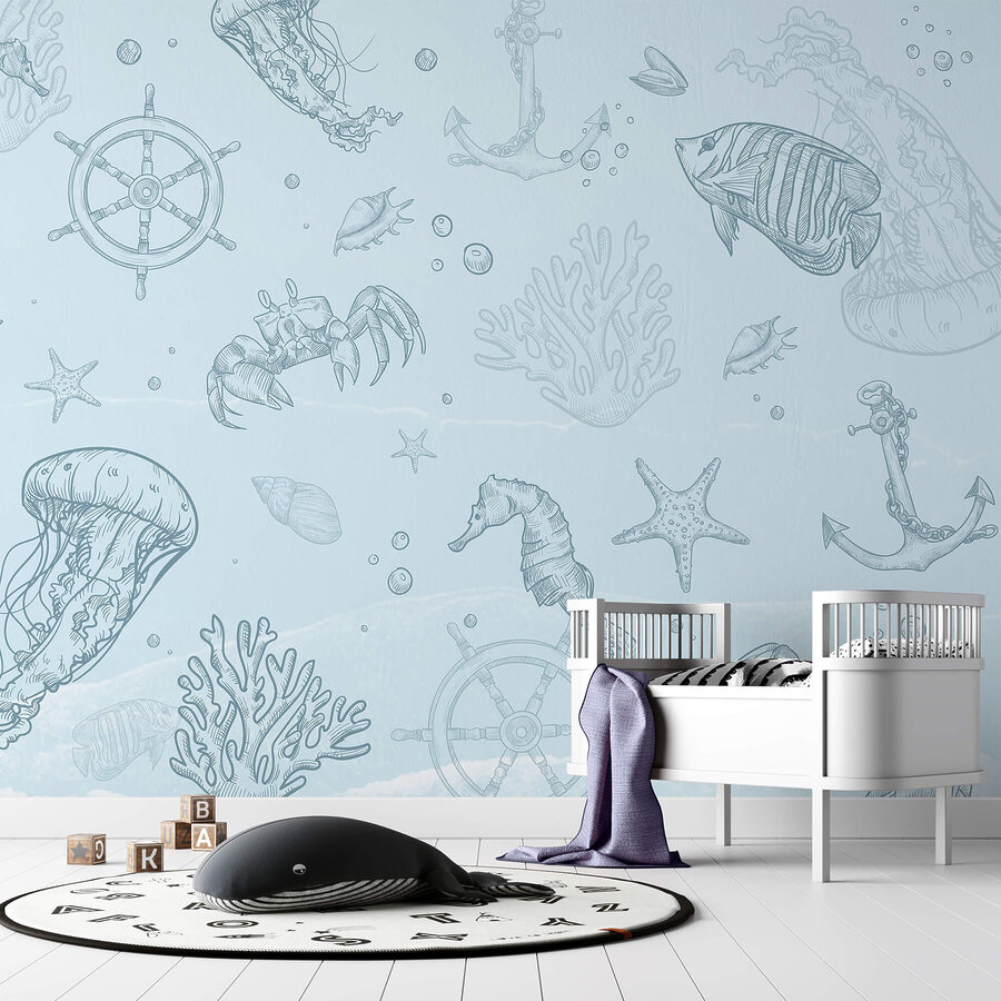Fundo azul com criaturas marinhas
