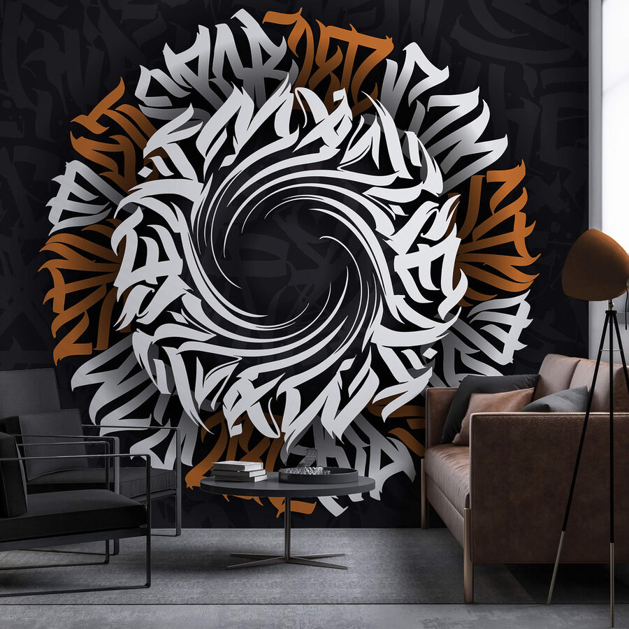 Padrão circular com letras brancas e cor de laranja